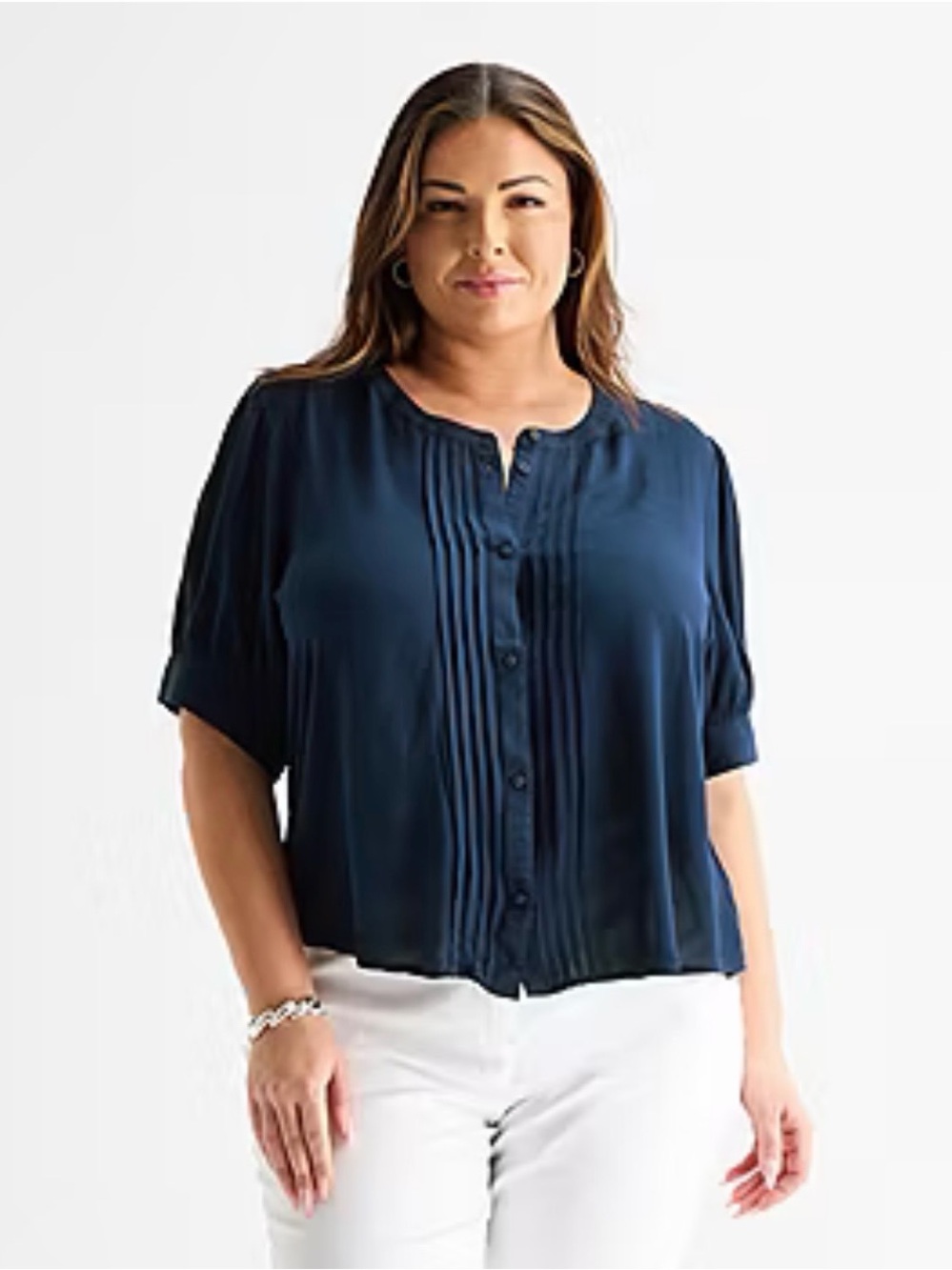 Liz Claiborne Pleated Pintuck Blouse M Navy Blue Short Sleeve Button Front Top